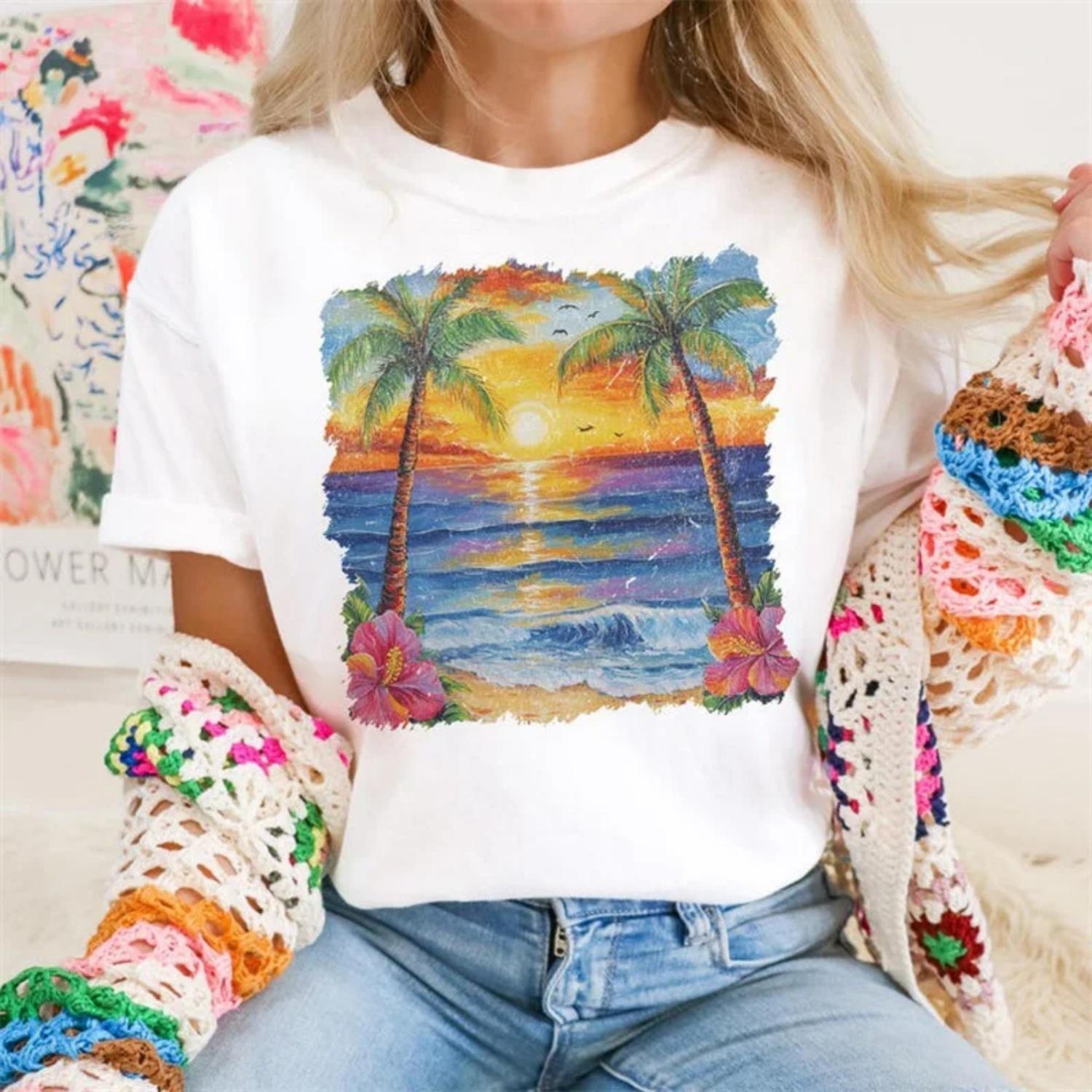 

Palm Trees Sunset Women s T-Shirt Beach Printed Top Basic Tee Short Sleeved O-Neck Female Clothing Summer Fashion Trendy Tee XXXXXL білий