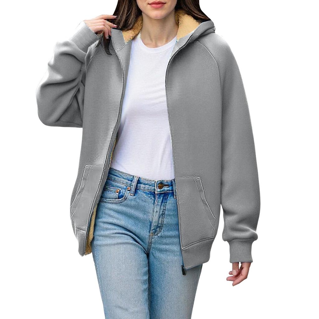Women's Fashion -Colour Thickened Hooded Sweatshirt With Zip-Up -Lined Sports Jacket
