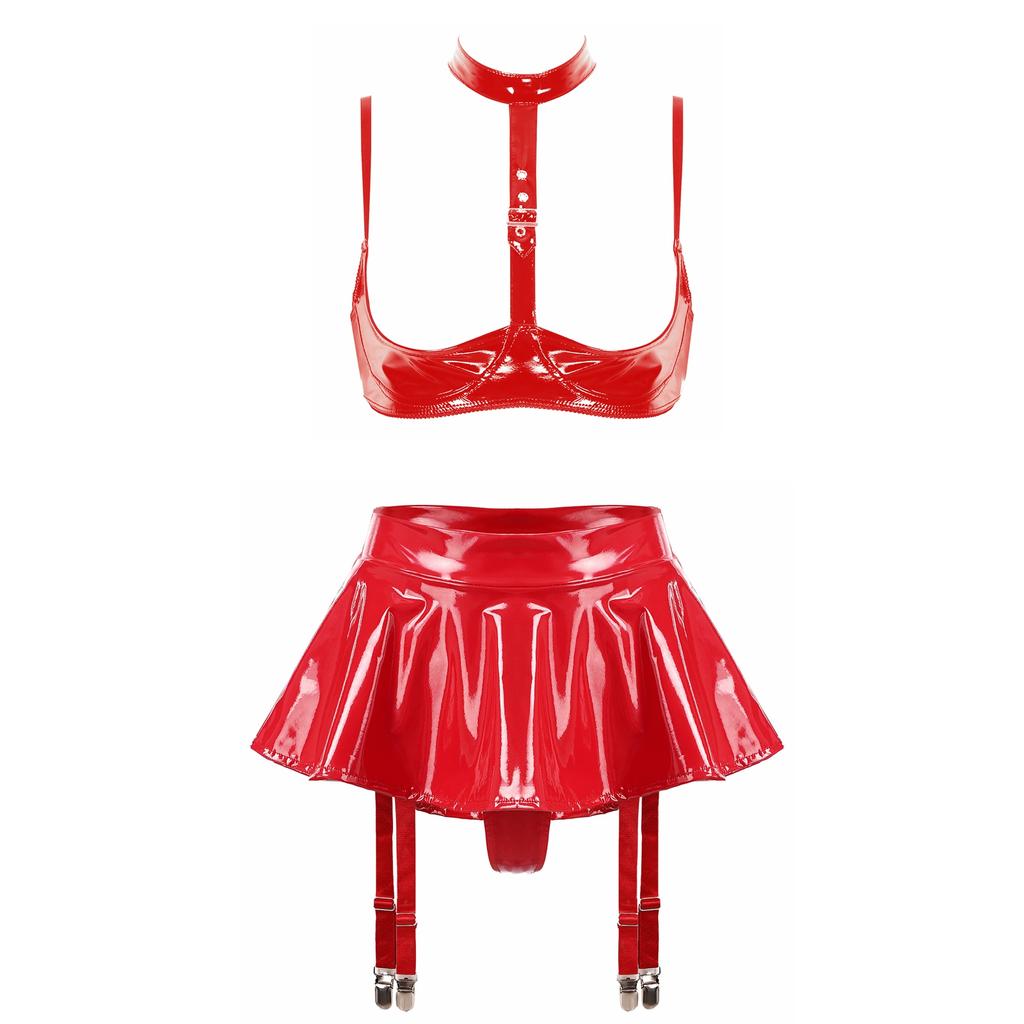 Women Shiny Leather Lingerie Set Cupless Bra Top with Ruffle Built-in Thongs Garter Mini Skirt for Party Clubwear Sexy Outfits