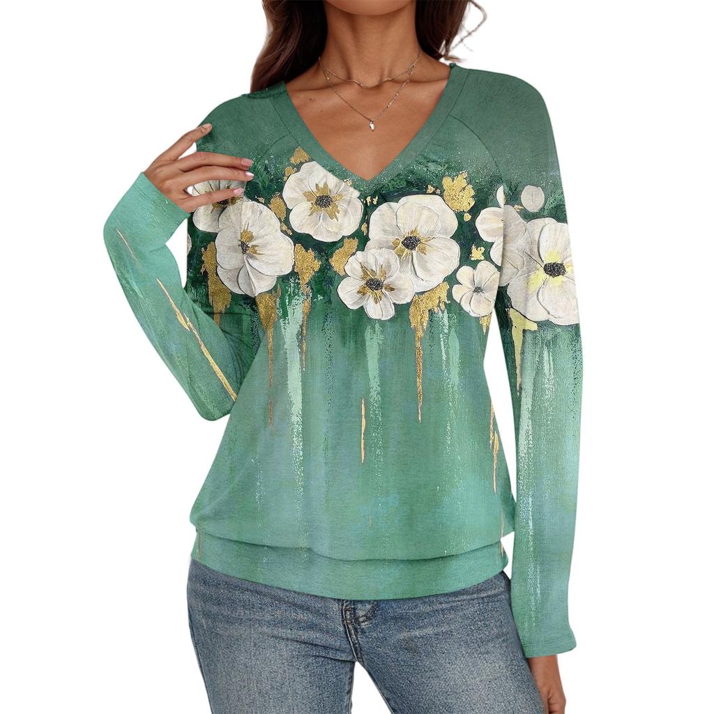 Dámský ležérní módní top s výstřihem do V, raglánovými rukávy, plisováním a květinovým potiskem, s dlouhým rukávem
