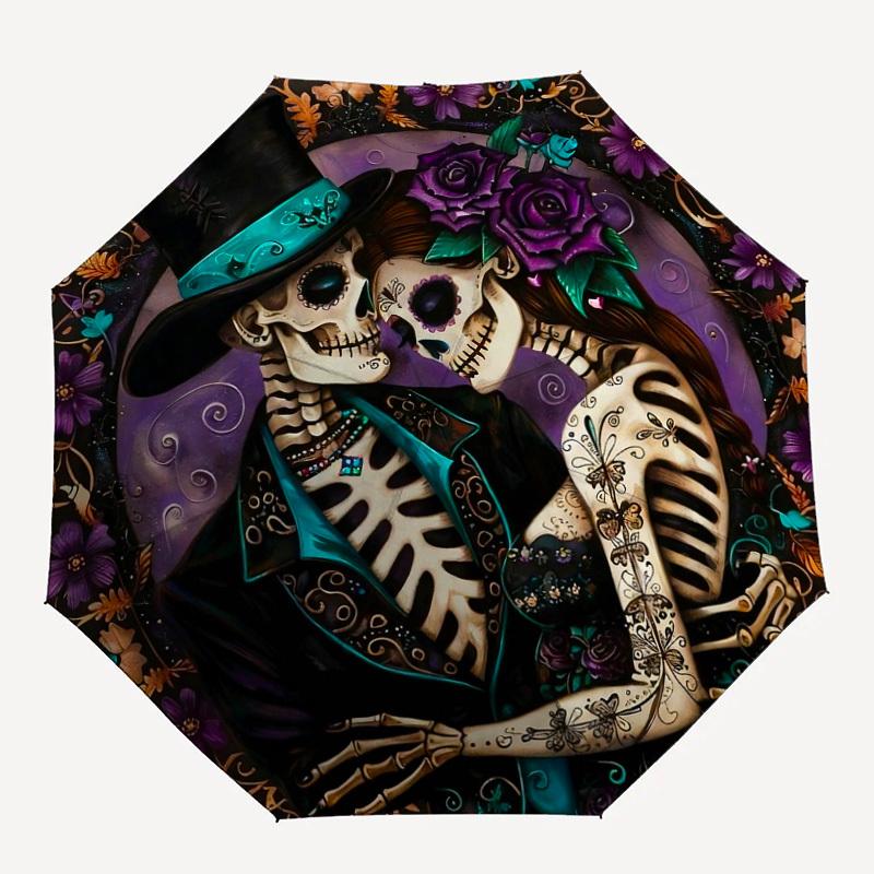 1 шт. Зонт с рисунком «Скелеты и цветы», Автоматическое открытие и закрытие, Высококачественный зонт, Идеальный подарок для нее 344