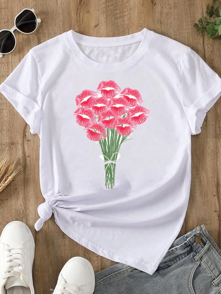 (Asian Size) O-neck Women's Top T Clothing Print Short Sleeve T-shirts Lovely Flower Trend Cute Fashion Female Casual Graphic Tee