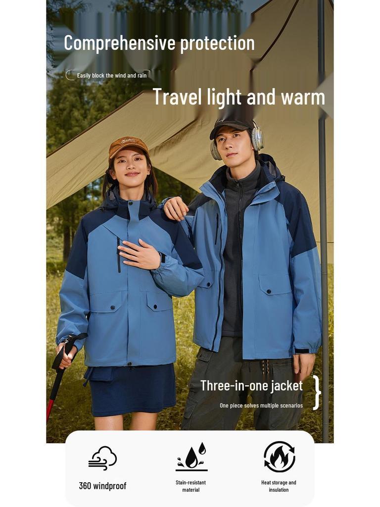 Unisex Windproof Waterproof 3-in-1 Logo Windbreaker Jacket with Detachable Coat for Couples