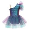 Girls Ballerina Tutu Dress One Shoulder Sleeveless Mermaid Fish Scales Print Camisole Leotard Halloween Dance Costume