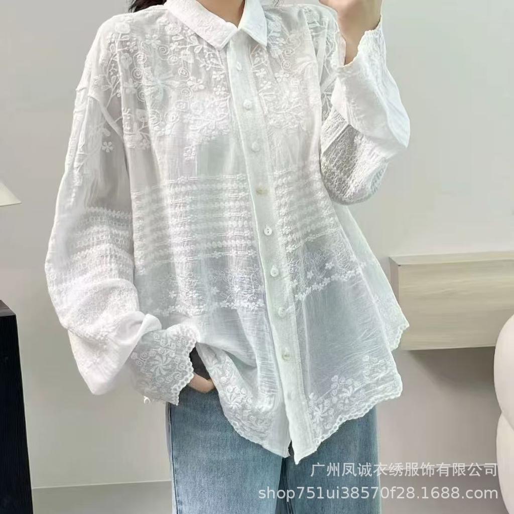 Spring Summer Shirt Women Lace Blouse Long Sleeve Basic Fashion Tops Tees Casual Loose White Tees