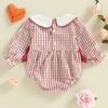 Newborn Infant Baby Girl Rompers Long Sleeve Doll Collar Heart Embroidery Plaid Print Bow Spring Bubble Jumpsuit Cute Clothes