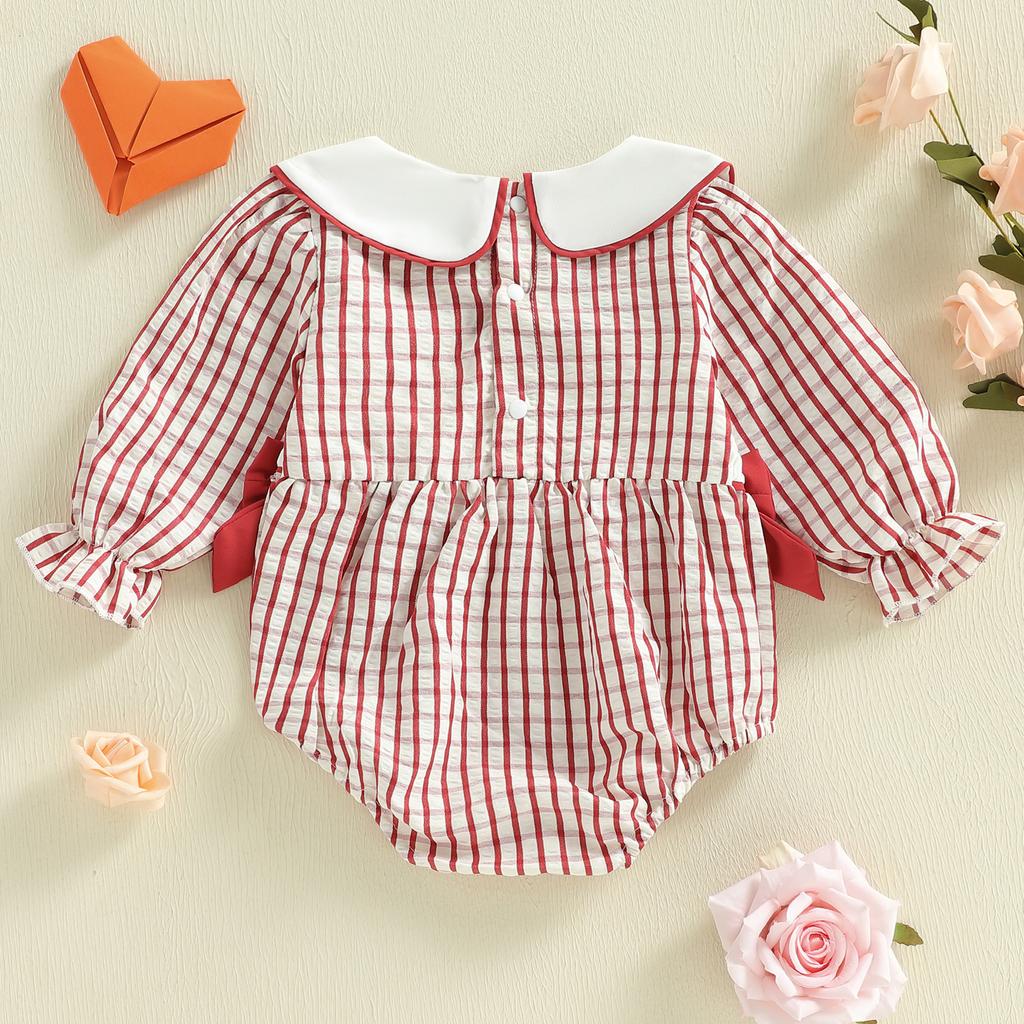 Newborn Infant Baby Girl Rompers Long Sleeve Doll Collar Heart Embroidery Plaid Print Bow Spring Bubble Jumpsuit Cute Clothes