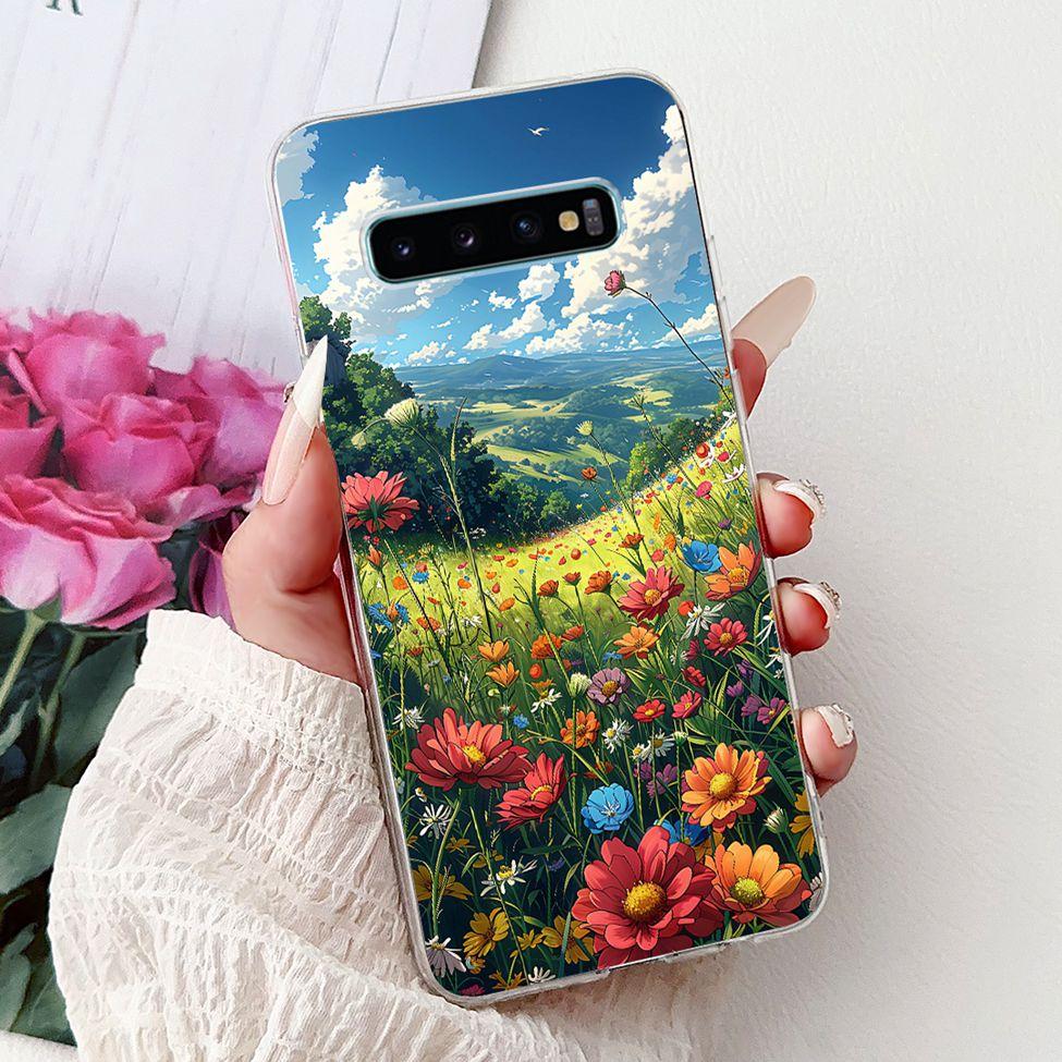 For Samsung S10 Plus Case SM-G975F Cute Kawaii Fashion Flowers Luxury Cool Painted Soft Cover For Samsung Galaxy S10+ Phone Case