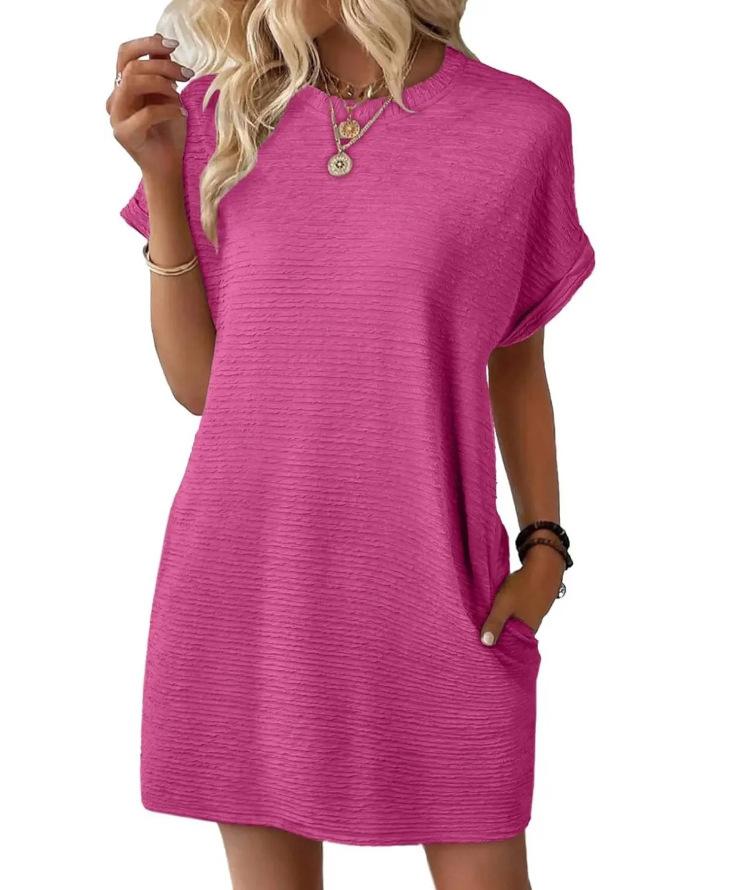 

Women s Casual O-Neck Short Sleeve Solid Color Shift Dress with Pockets S розы красного