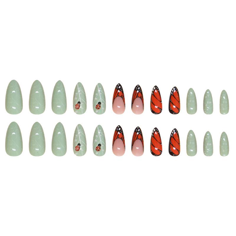 Fake Nails Green Grass Wearing Nail Pads Fake Nails Three-Dimensional Butterfly Seven Stars Ladybug Removable Nail Pads 24 Pieces