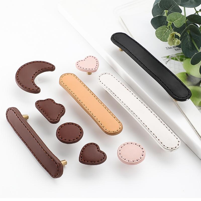 Soft Genuine Leather Drawer Pulls Handle And Knob For Children'S Room Cabinet Door Brass Leather Knob Brown Wardrobes Pull