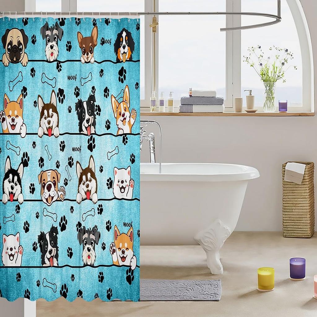 Lovely Dog Shower Curtains,Cute Puppies Cartoon Animal Bath Curtain,Paw Print Blue Cloth Fabric Bathroom Decor Set with Hooks
