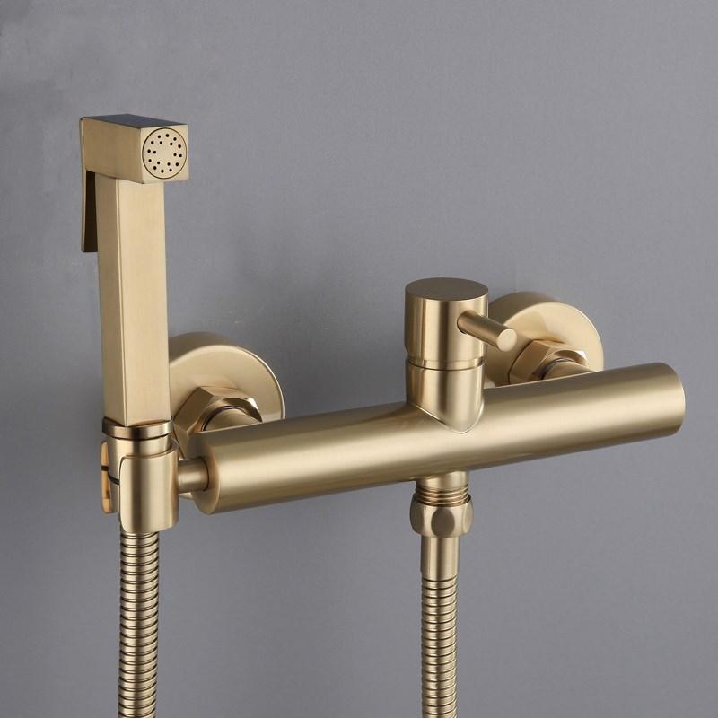 Bidet Faucet Set Brush Gold Wall Mounted Bathroom Bidet faucet High Pressure toilet gun Brass