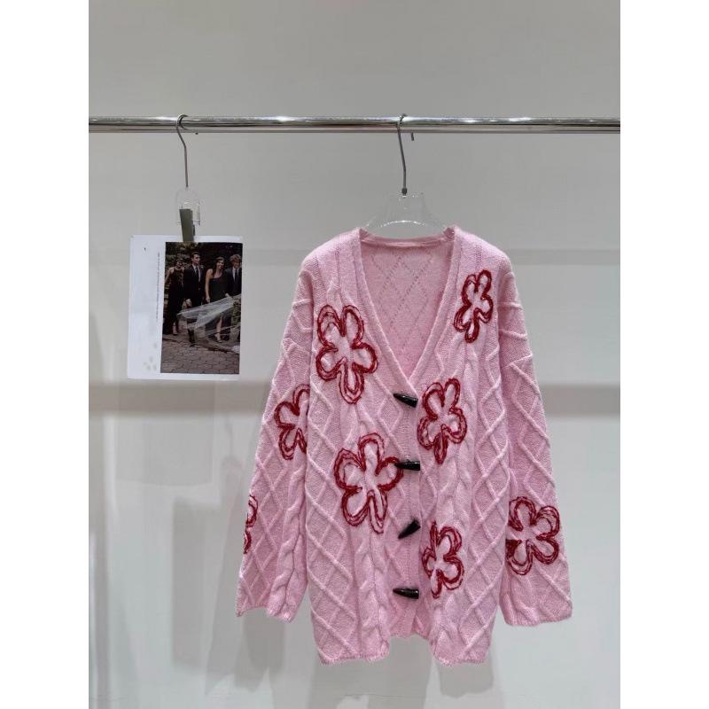 Autumn/Winter 2025 Floral Embroidered Cable Knit V-Neck Button Cardigan - Loose, Lazy Style