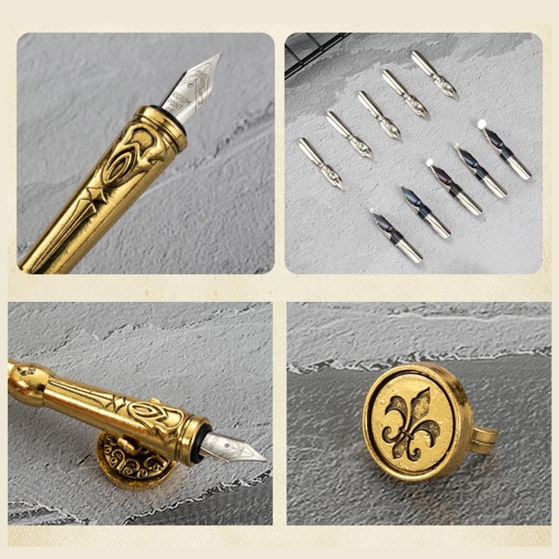 Exquisite Dip Pen Set Wax Stick Set Calligraphy Feather Pen Kit 10Pcs Replacement Nibs for Invitations Letters Writing