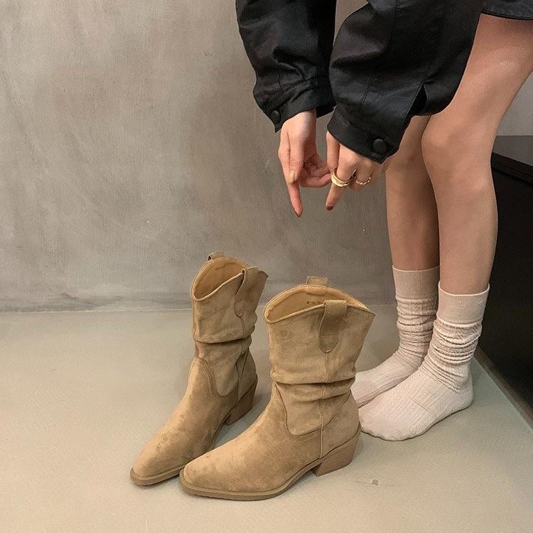 

2025 Весна и Осень Ретро Замшевые Абрикосовые Короткие Ботинки Ботинки в западном стиле Складные Женские Ботинки Весенне-осенние Короткие Ботинки 40 темные хаки