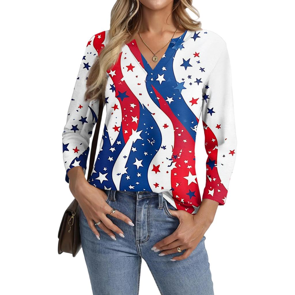 Women's Casual Fashion Sexy Comfortable V-Neck Independence Day Seven Sleeve Top
