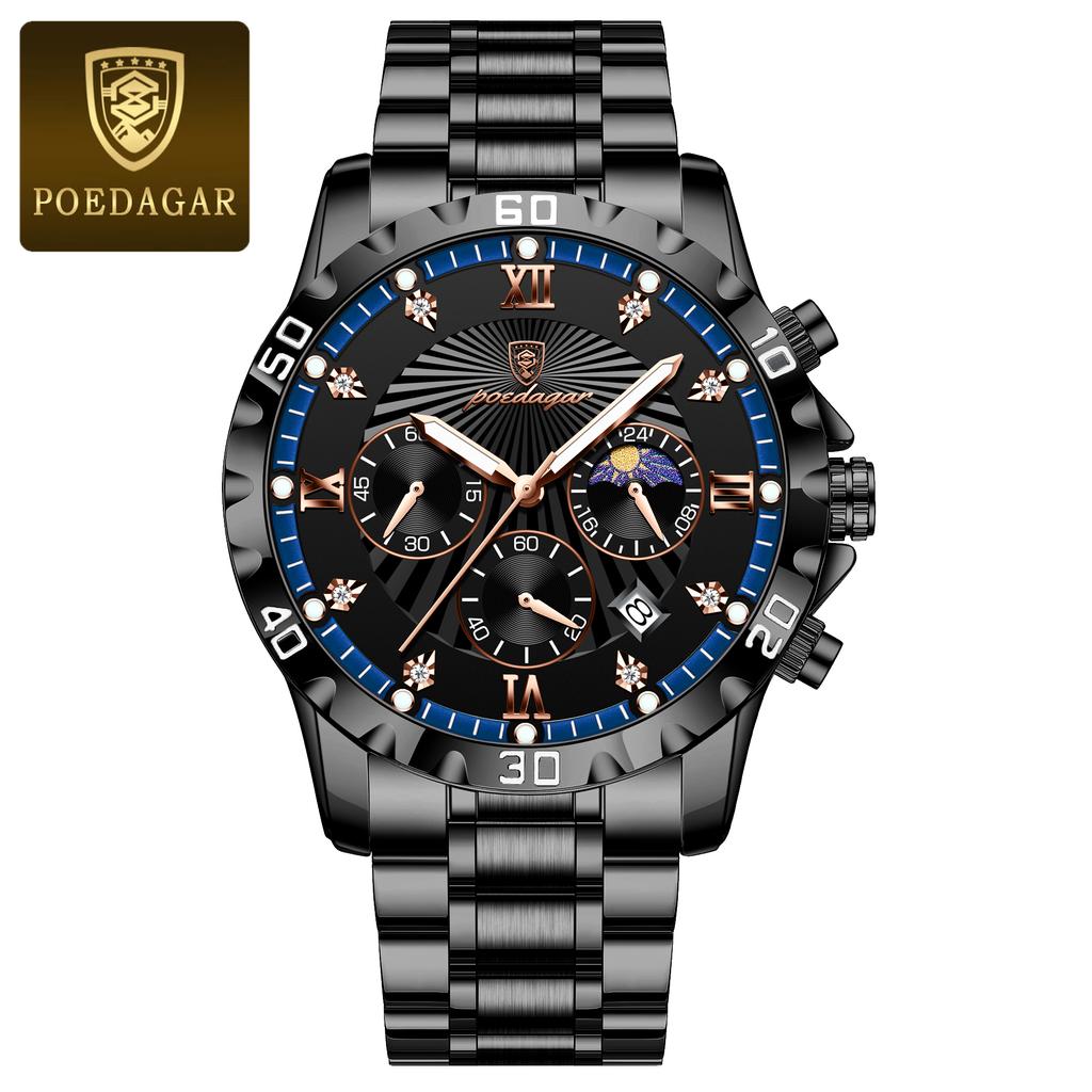 POEDAGAR Luxury Military Watch For Men Waterproof Luminous Chronograph Date Wristwatch Stainless Steel Quartz Watches