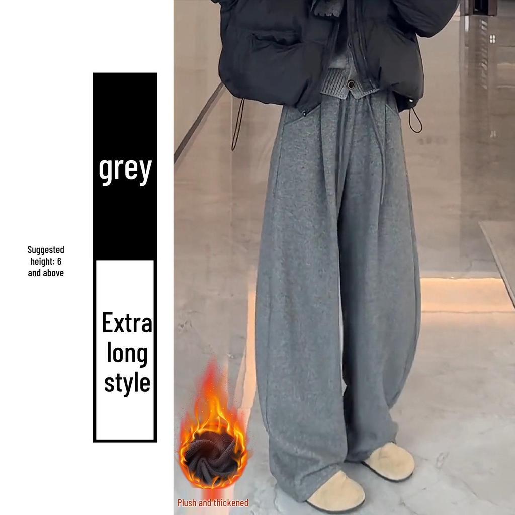 Women's Gray Cloud Scimitar Pants with Plus Velvet, Autumn/Winter 2025 - Woolen Wide-Leg, Drape, Relaxed Fit.