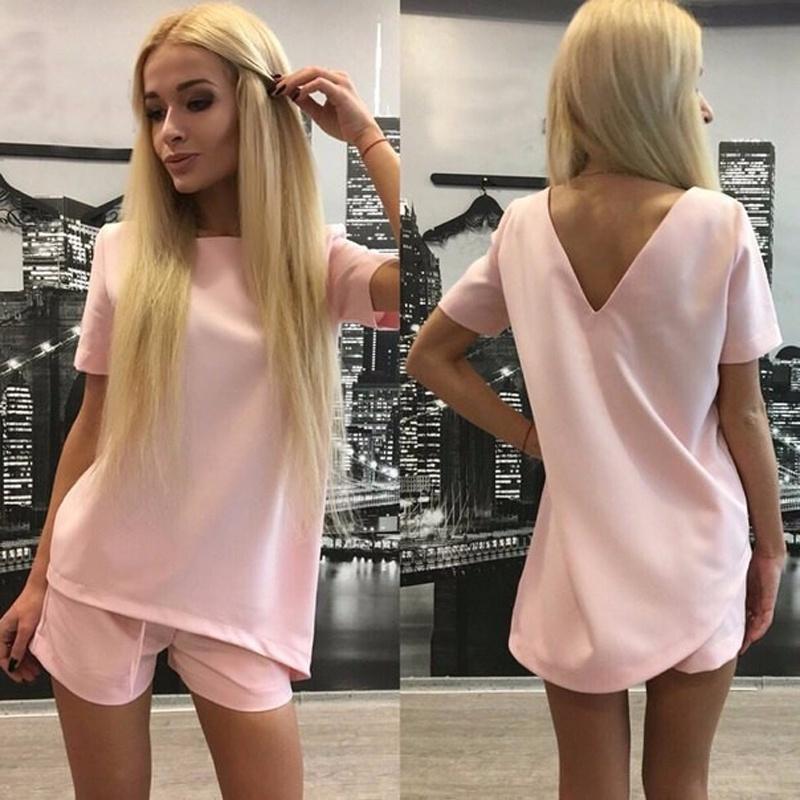 Elegant Women's Pure Color Casual Shorts Set With Backless Top For Effortless Style