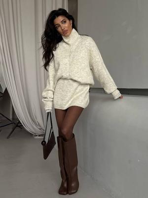Ensemble Cardigan surdimensionné en Tricot Couleur Unie et Jupe pour Femmes Automne Hiver Rétro Décontracté Tenue de Travail Coupe Ajustée Boutonné