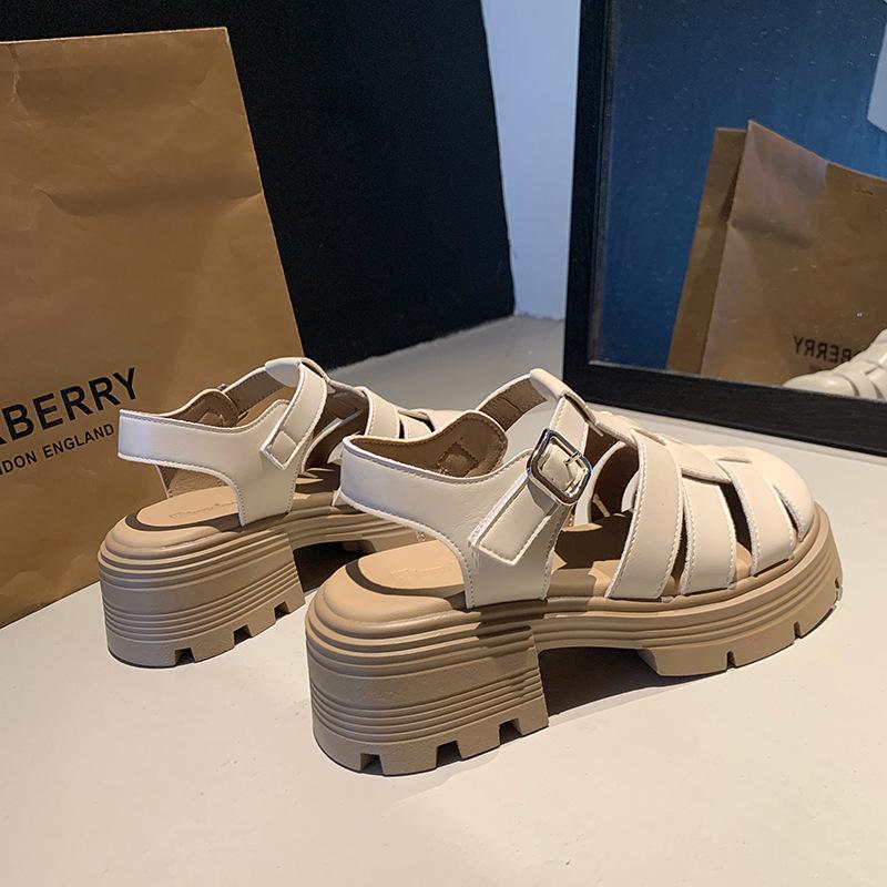 Baotou drag thick-soled Roman sandals women's summer 2024 breathable Velcro French hollowed-out thick-heeled pig cage shoes
