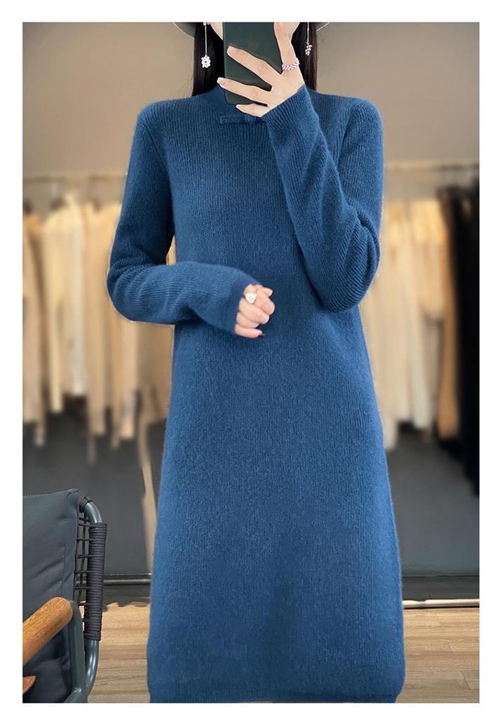 Women's Mid-Length 100% Wool Sweater Dress, Over-the-Knee, Qipao Stand Collar, Winter Slimming Fitted Knit Dress