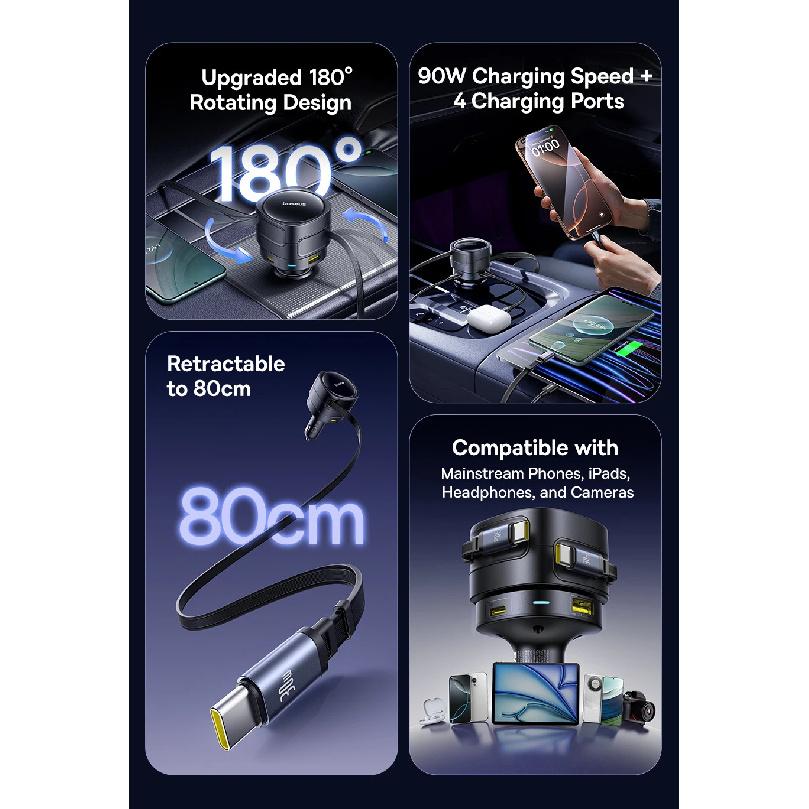 Baseus 90W USB Type-C Car Charger Dual Retractable Cable PD QC SCP AFC PPS Fast Charging For Tablet iPhone Samsung Huawei Xiaomi