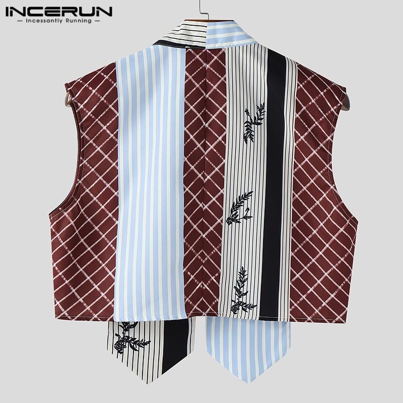 INCERUN Summer Men Sleeveless Plaid Striped Print Irregular Short Tank Tops