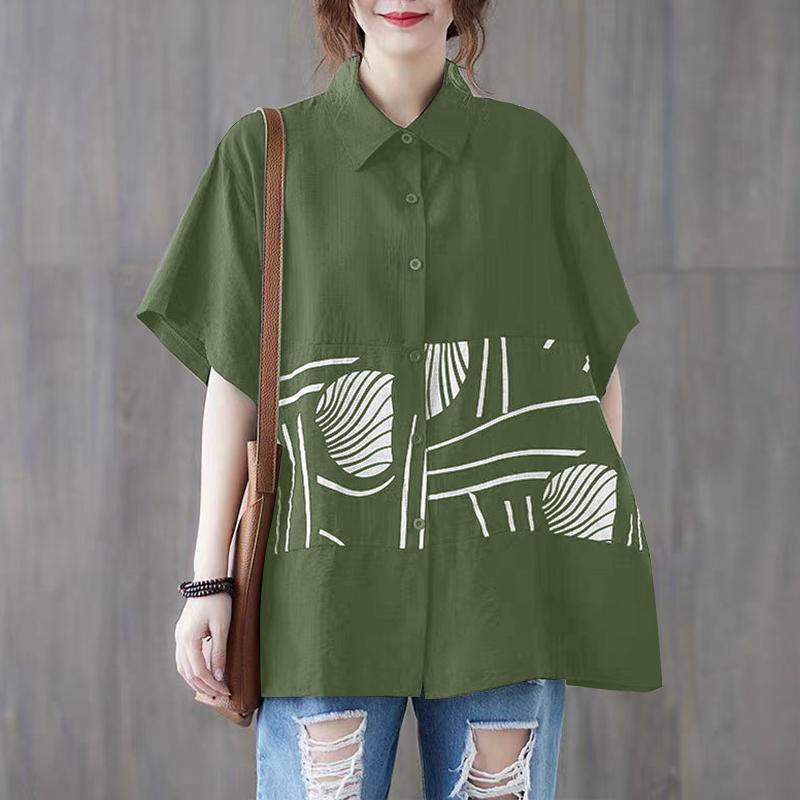 

ZANZEA Женская летняя блузка с отложным воротником и коротким рукавом с принтом 3XL зелёный