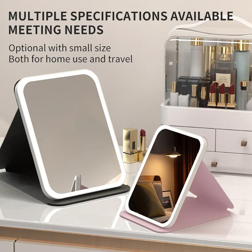 Fold LED Dimmable Makeup Mirror 3 Colors Light Adjustable Brightness USB Charging Fold Mirror Tabletop Vanity Mirror for Travel