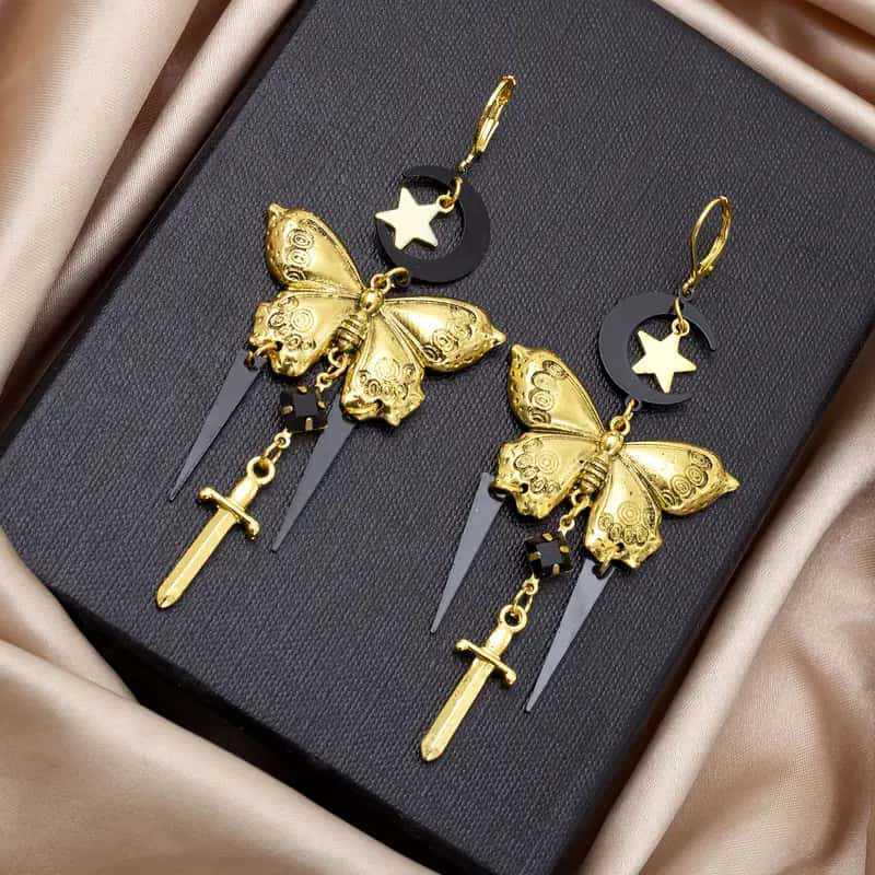 Gold-Plated Retro Butterfly & Geometric Star Moon Sword Earrings, Personalized Black Gold Jewelry.
