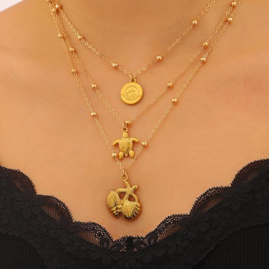 Colar Costeiro de 3 Camadas para Mulheres Pingente de Estrela do Mar Concha Tartaruga Colar de Férias de Verão Joia de Férias na Praia Presente