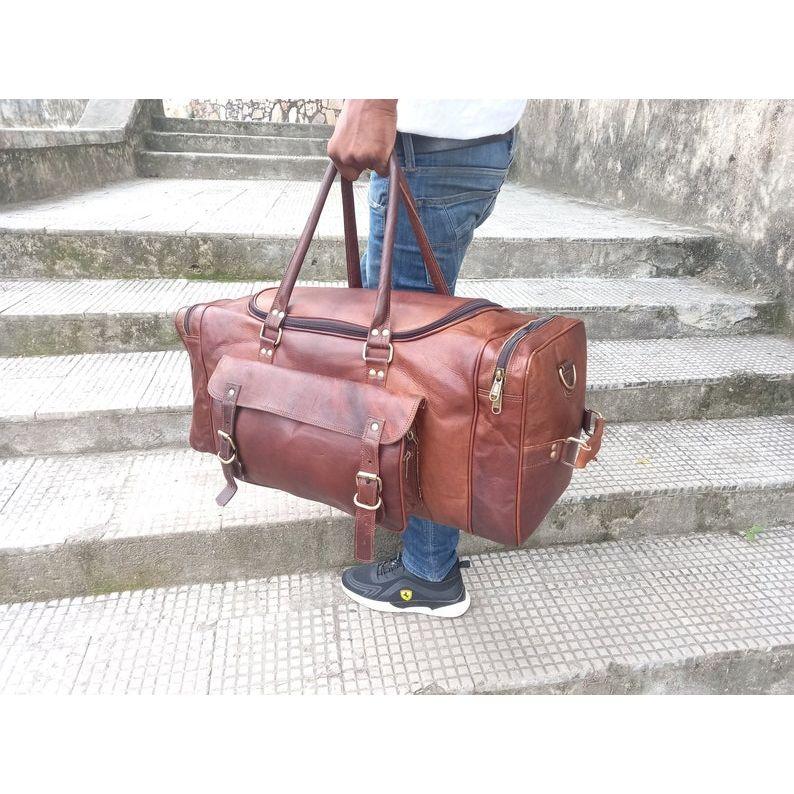 

Handmade Leather Duffle Bag: Travel Weekender 24x 11 x 10 in