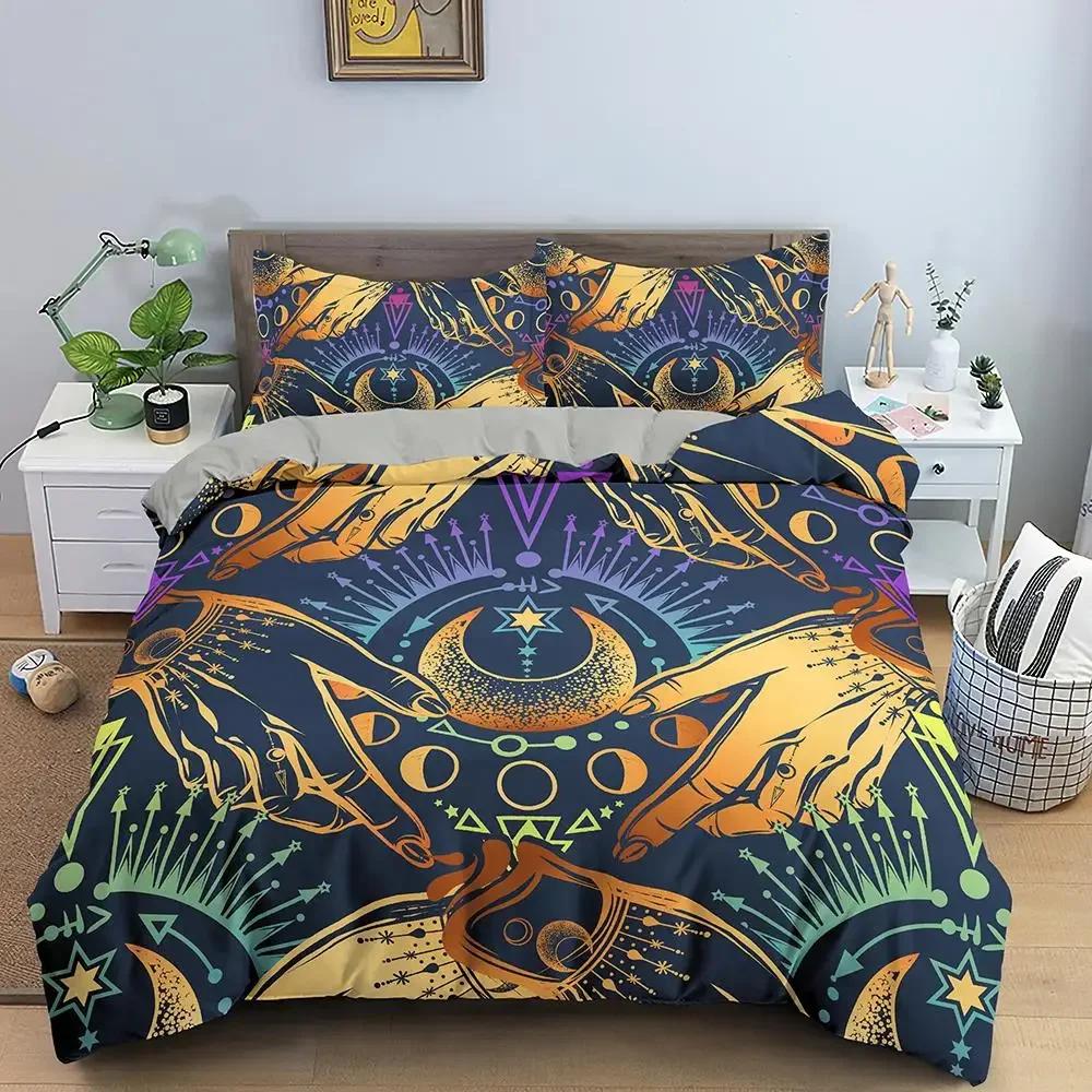 Sun Moon Bedding Set Mystical Lucky Hand Duvet Cover Full King Hamsa Eye Divination Seedlings Khaki 2/3PCS Polyester Quilt Cover