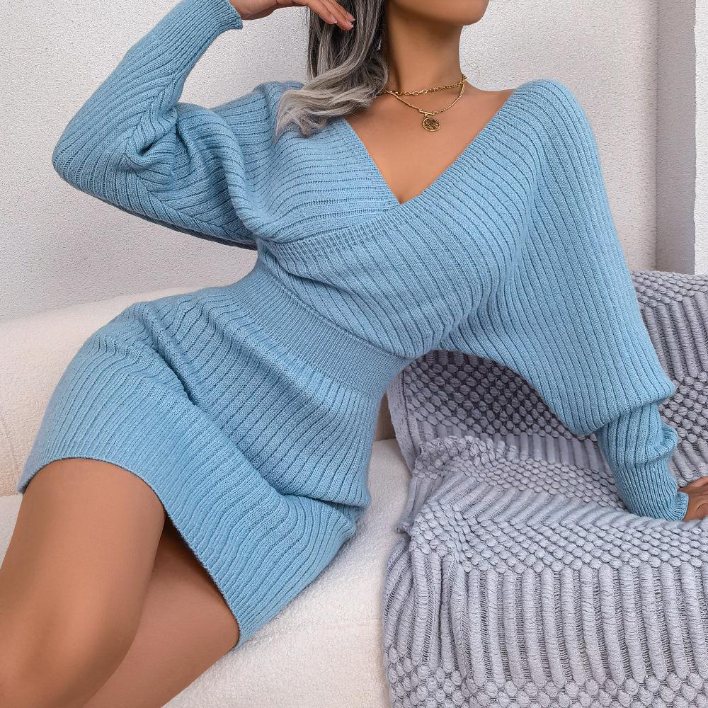 2025 Autumn/Winter European & American Sexy Cross V-Neck Batwing Bodycon Sweater Dress