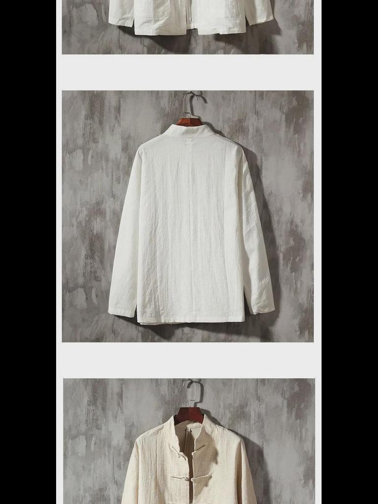 Men's Chinese Style Buttoned Cotton-Linen Stand Collar Shirt, Retro Long-Sleeve Top for Spring and Autumn