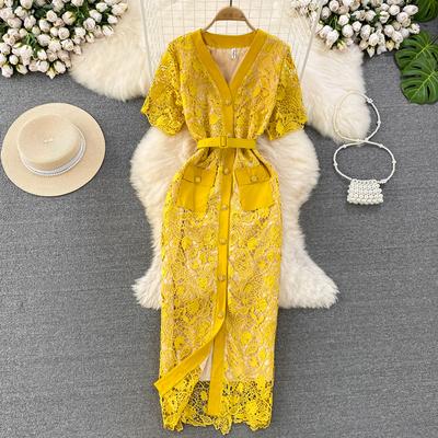 Verão Temperamento Profissional Feminino Manga Curta Gola Abotoamento Simples Renda Vestido Quadril