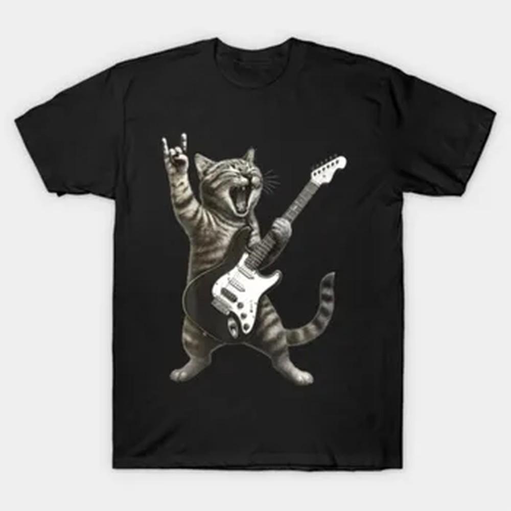Cat Playing Guitar Rock And Roll Tshirt For Unisex Unisex 100 Cotton T Shirts Short Sleeve Tops J214