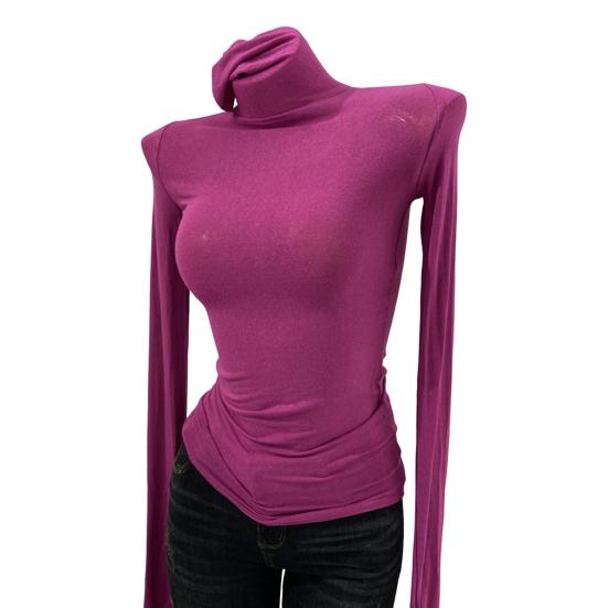 Women Tops High Collar Long Sleeve Slim Base Shirt Solid Color Elastic Shirt Autumn Winter Base Tops