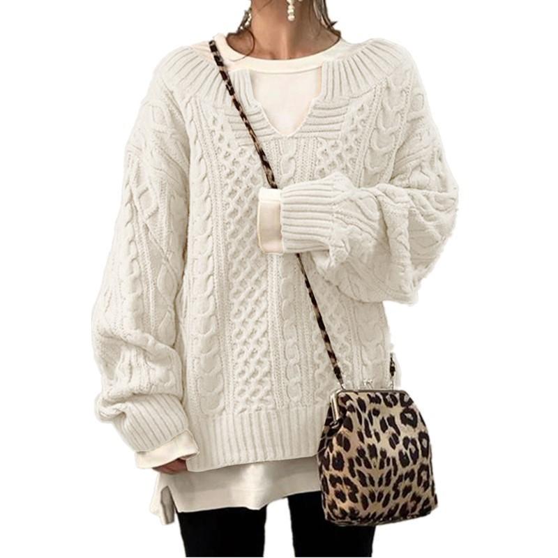 Brown Cable Knit V-Neck Loose Fit Long Sleeve Sweater