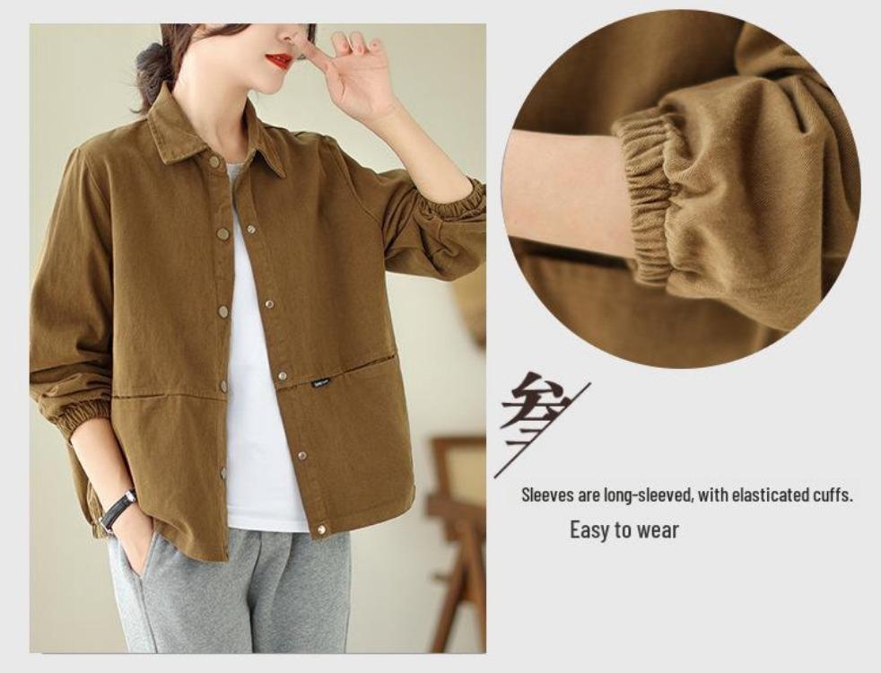 Baumwolljacke für Damen im koreanischen Stil, vielseitig, locker, schlankmachend, lange Ärmel, einfarbig, Umlegekragen