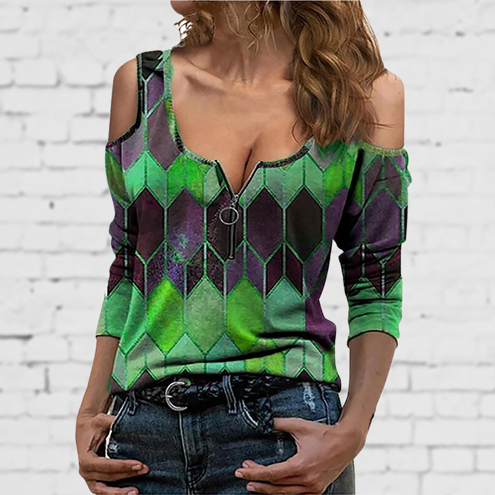 

Fashion Women Lapel Geometric Print Zipper Long Sleeve Casual Blouse T-shirt Top L зелений