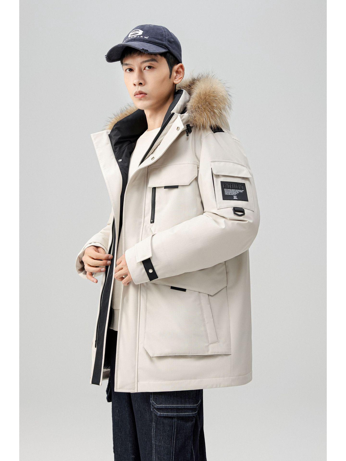 

Men s Mid-Length Hooded Winter Workwear Coat with Big Fur Collar XL брудно-білий