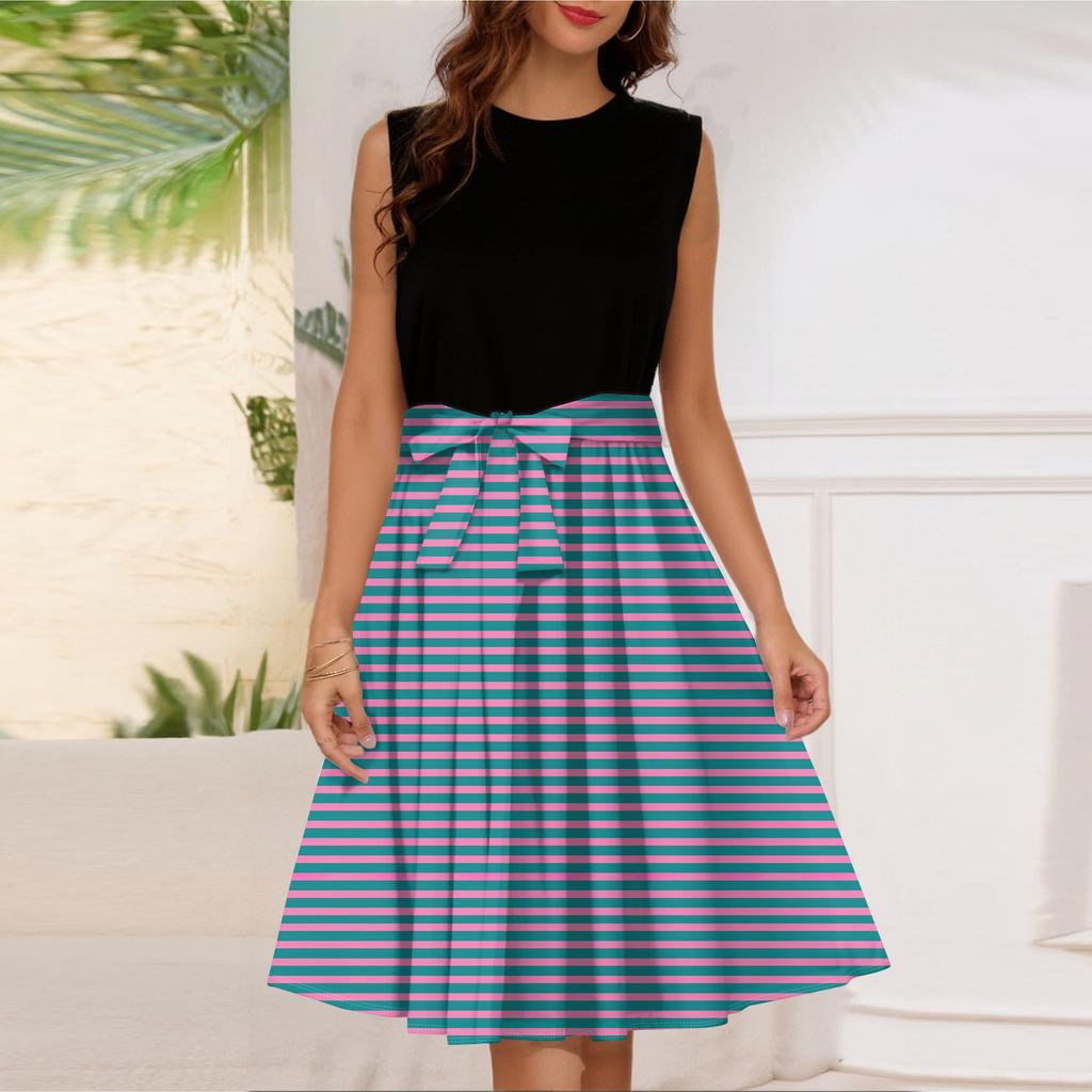 Women's Fashion Striped Printed Casual Lace-up Sleeveless Round Neck Splicing Short Dress