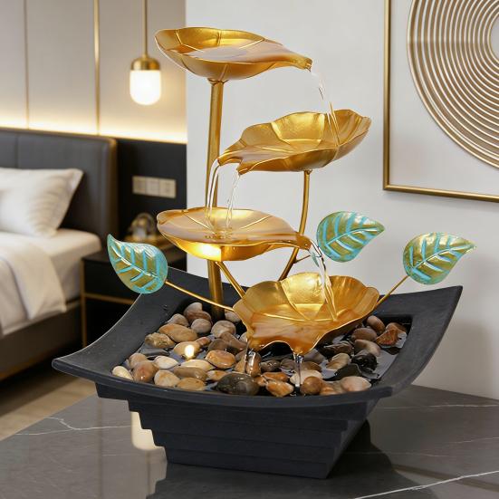 Golden Relaxation Tabletop Water Fountain with LED Light 4 Tier Lotus Small Desktop Waterfall Fountain with Rocks for Home Bathroom Bedroom Decor