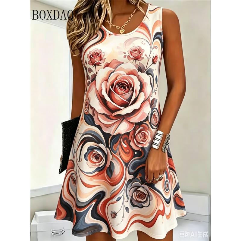 Tie Dye Abstract Flowers 3D Printing Dress For Women  Summer Clothing Plus Size Fashion Casual O-Neck Sleeveless Loose Dress