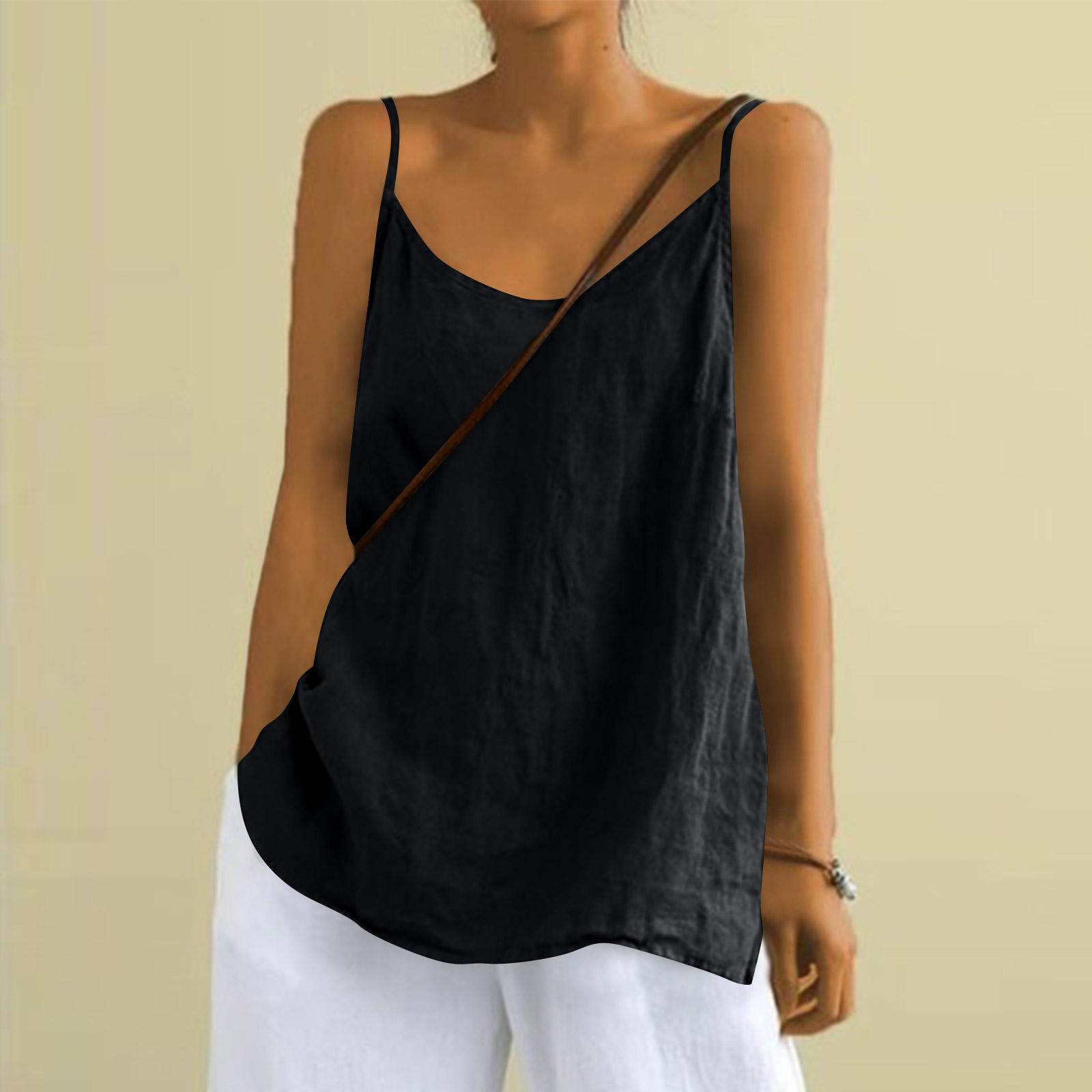 Женский модный свободный топ-майка без рукавов из хлопка и льна L чёрный