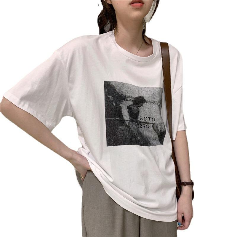 Round Neck Printed Large Size Short-sleeved T-shirt for Women In Summer Korean Style Loose Base Shirt Top for Women