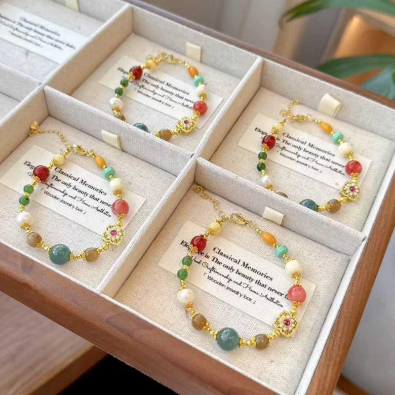 Chinese Style Multi-Gemstone Bracelet: South Red Amber, Jadeite, Hetian Jade, Pearl, Agate, and Crystal